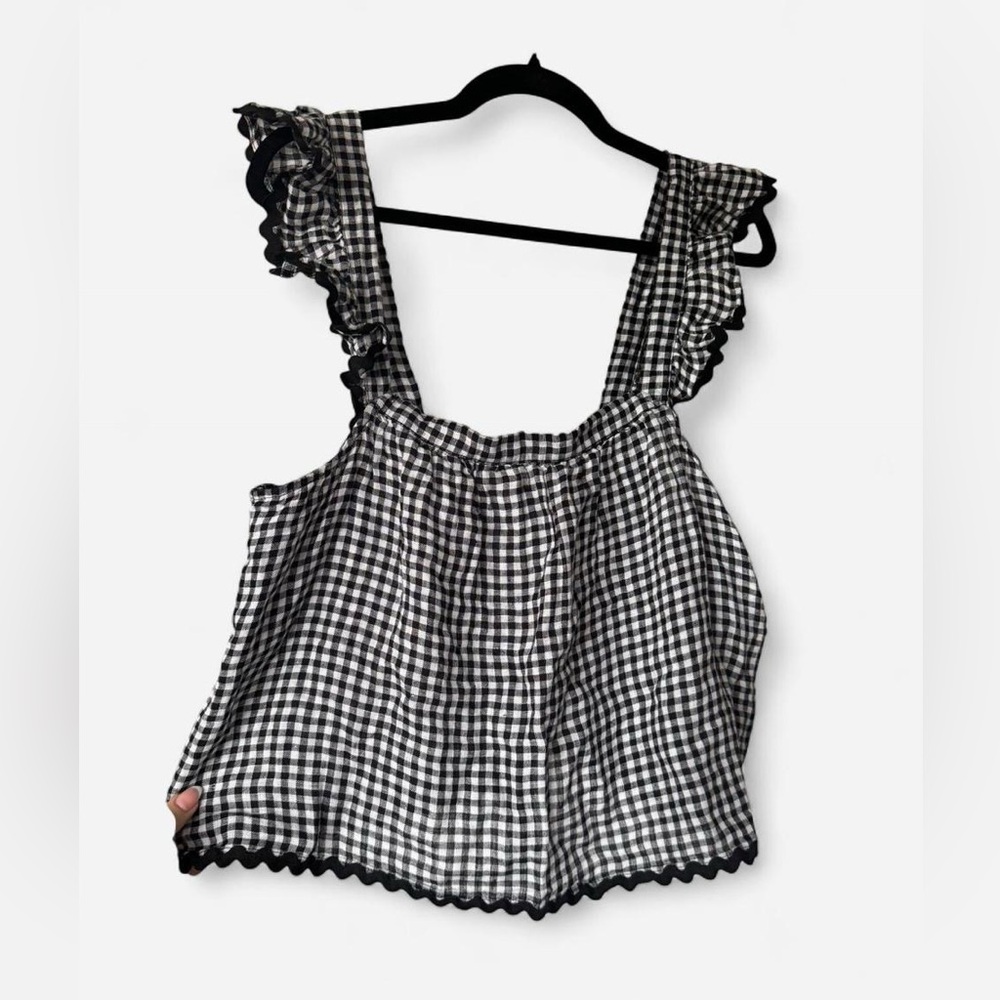 Cynthia Rowley Black and White Gingham Top Lace Trim & Ruffles 100% Linen NWT